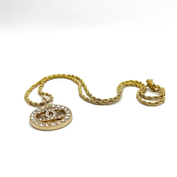 CHANEL CC Round Rhinestone Charm Pendant on Necklace Gold Plated Chain